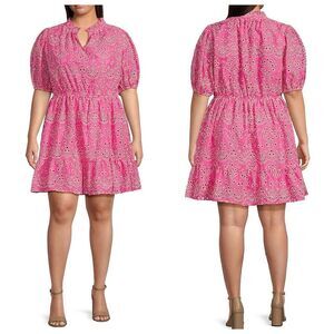 Sugar Lips Embroidered Floral Eyelet Mini Dress Sz 2X Pink Puff Sleeve